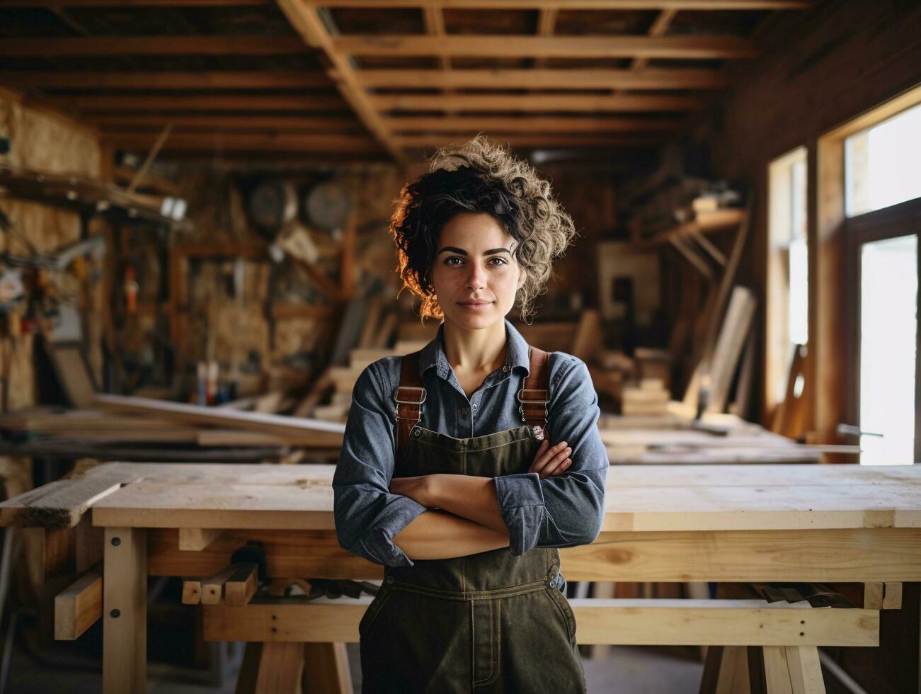giovane femmina falegname in piedi fiducioso come legna progettista nel legna Lavorando negozio, Genere uguaglianza concetto, ai generato foto