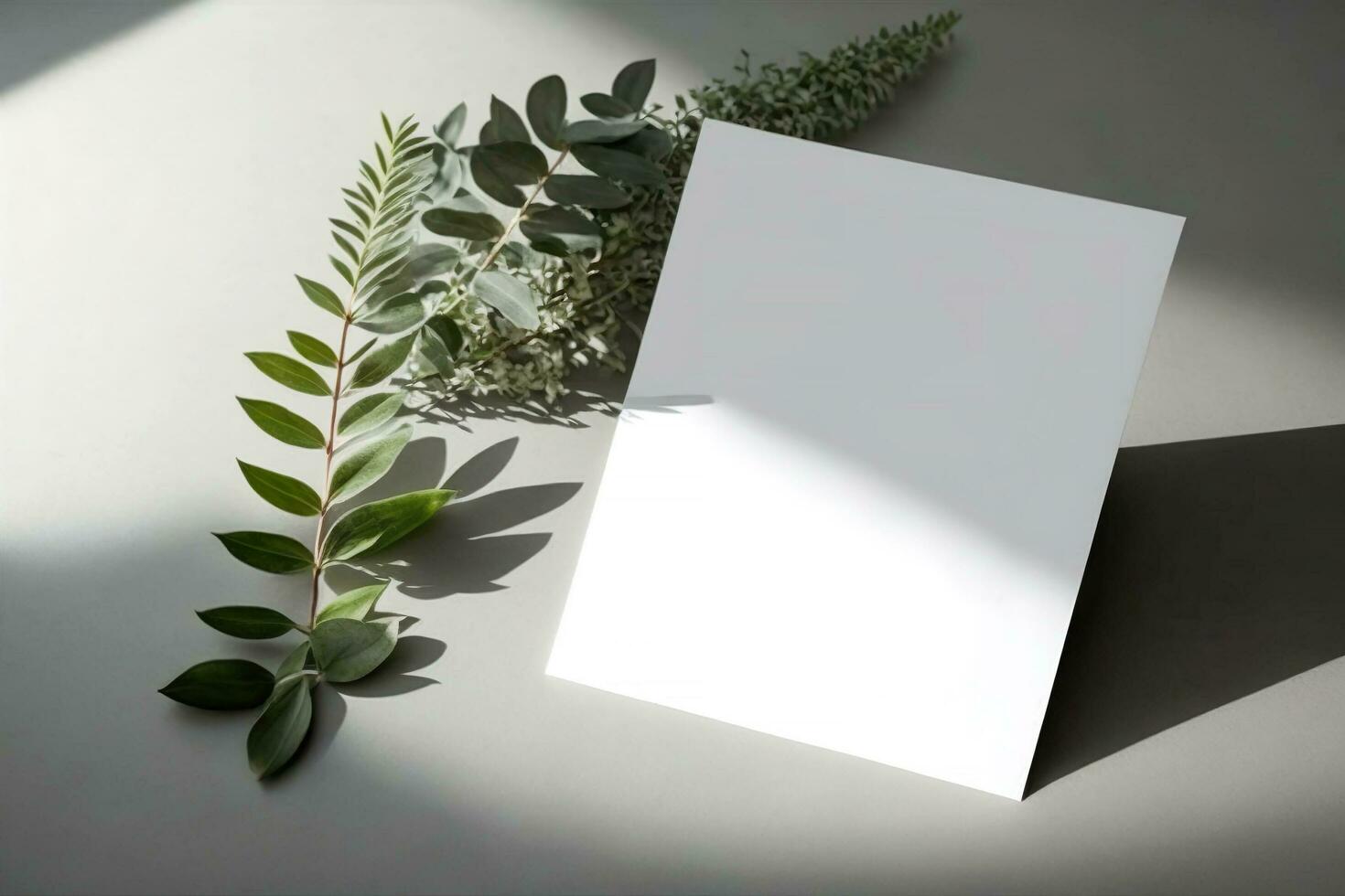 vuoto nozze carta invito finto su con naturale le foglie per decorato sfondo, minimo design carta, ai generato foto