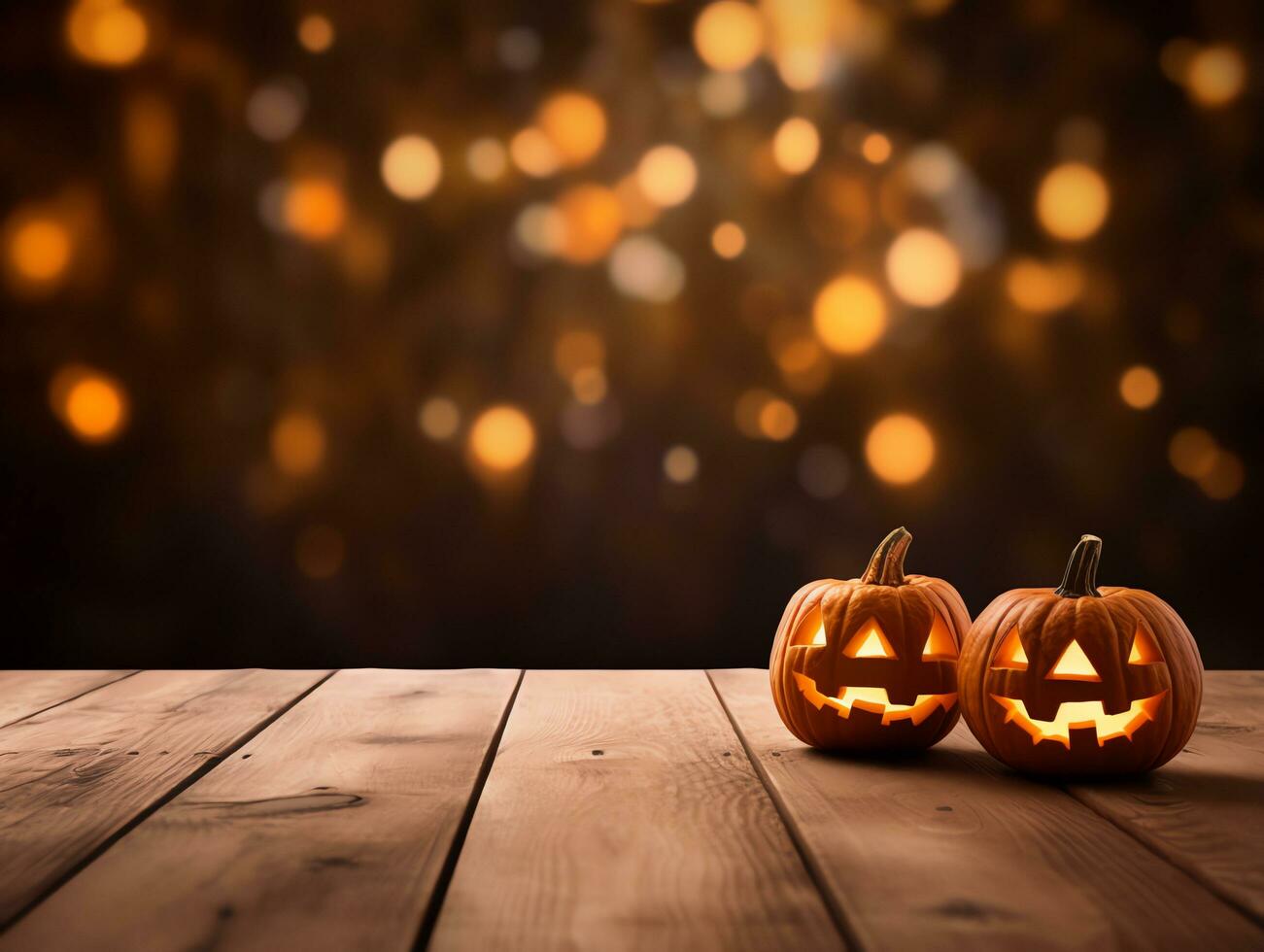 Halloween decorativo su di legno tavolo superiore con sfocato notte leggero scena sfondo, ai generato foto
