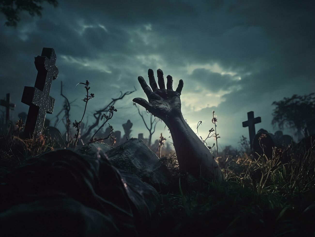 zombie mano crescente su lapide nel buio spaventoso notte, Halloween sfondo, ai generato foto