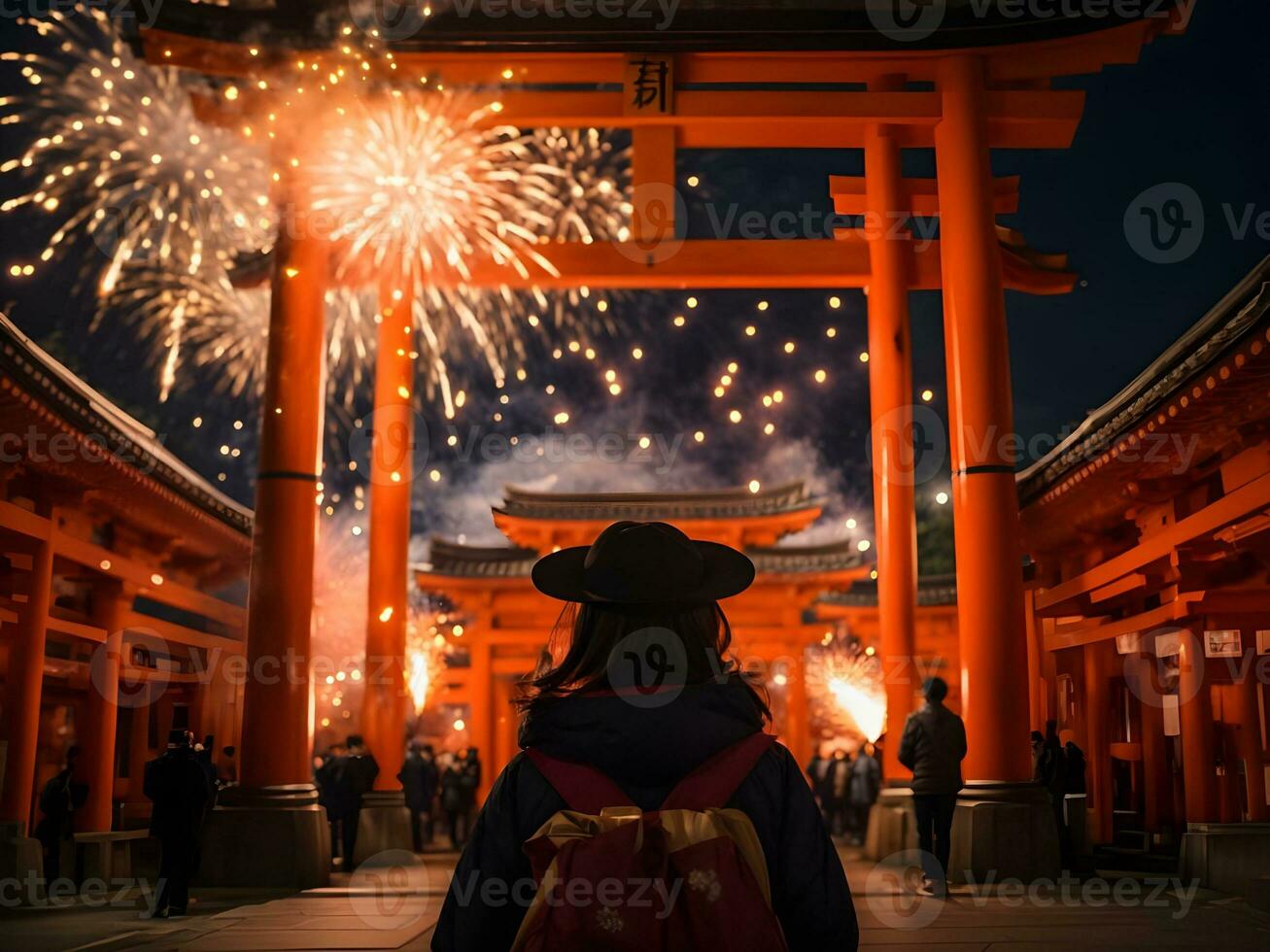 non identificato persone godere fuochi d'artificio a il famoso kiyomizu-dera tempio nel kyoto, Giappone foto