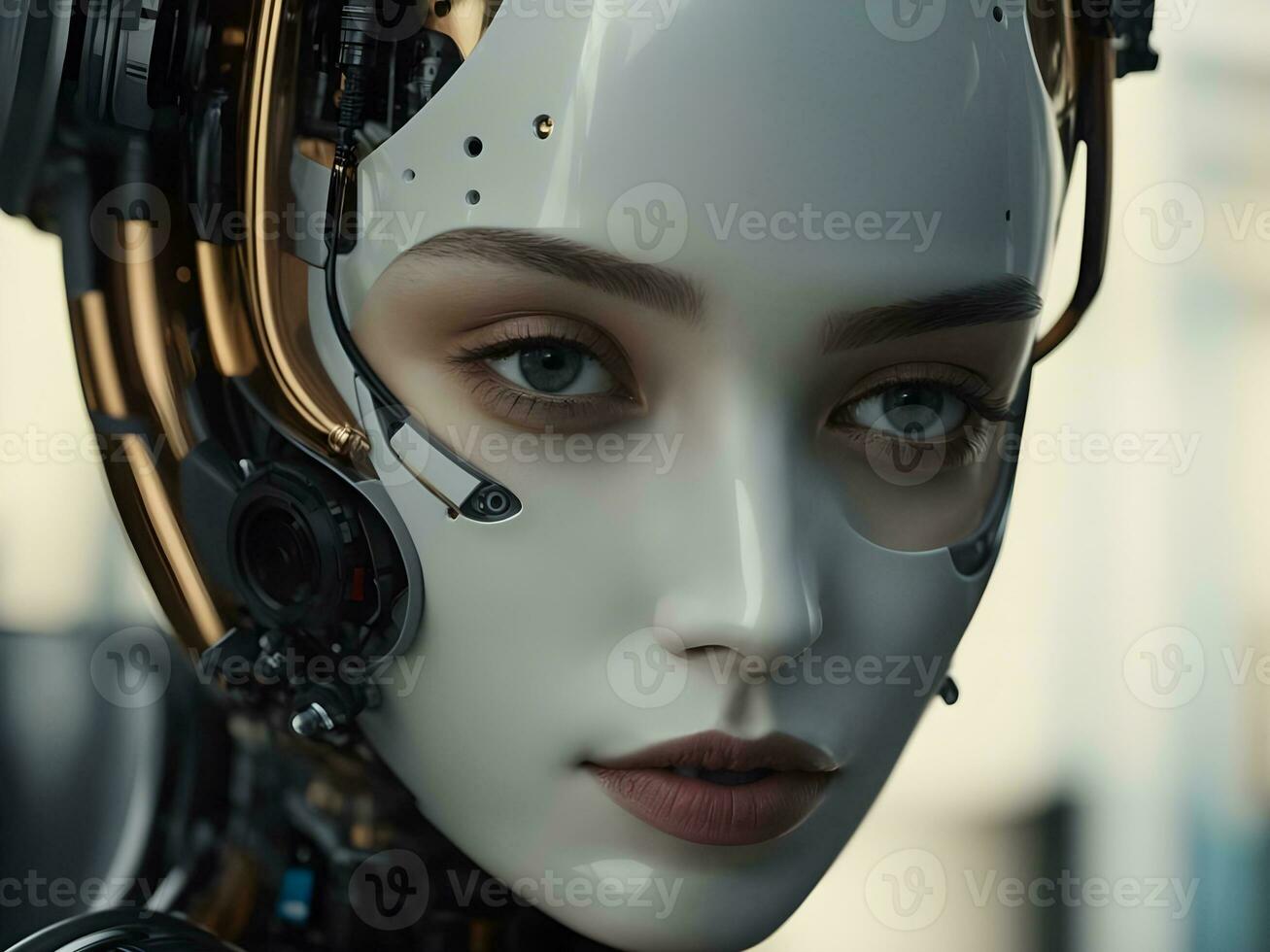 ritratto di un' femmina robot con cuffia. il concetto di artificiale intelligenza. foto