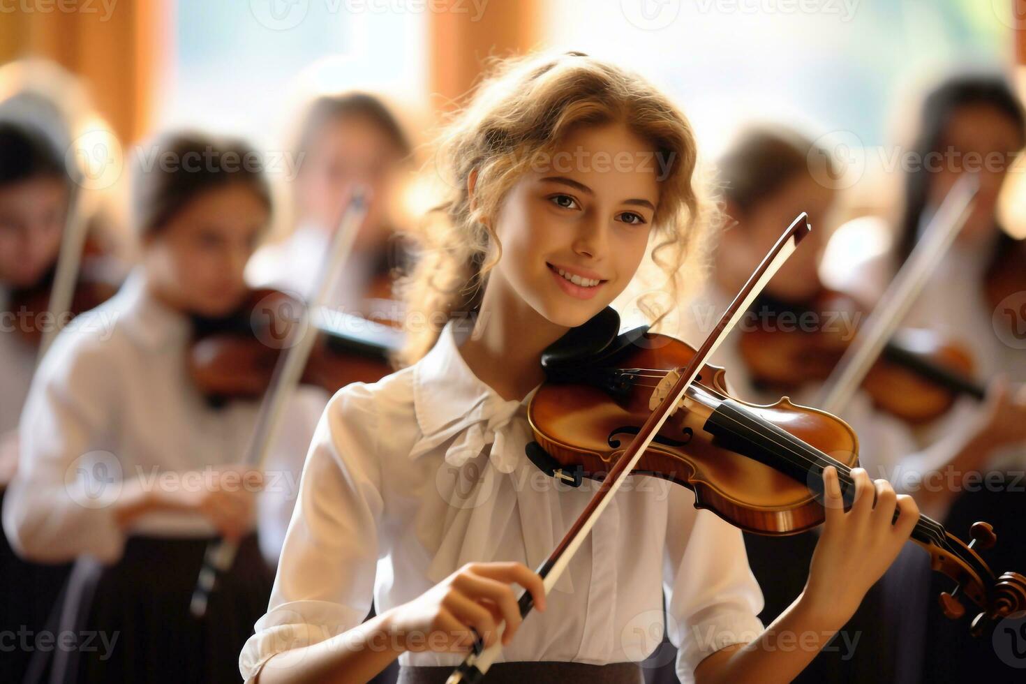 un' foto di poco ragazza giocando il violino nel il scuola orchestra. formazione scolastica concetto chitarra attività concetto generativo ai