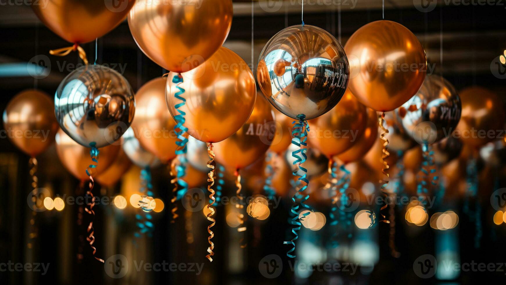 nuovo anni festa arredamento festivo palloncini, stelle filanti, e segnaletica, ai generativo foto