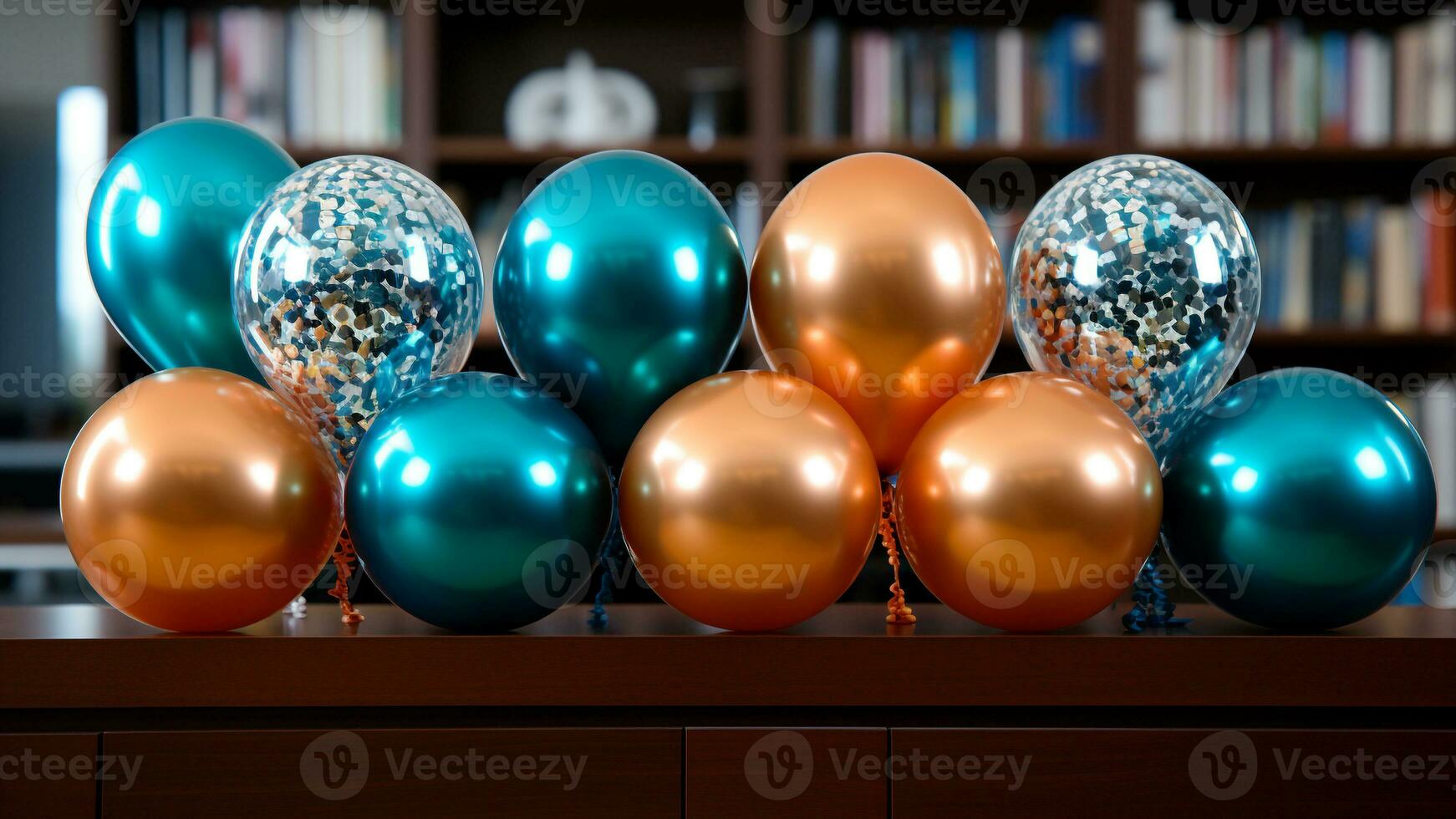 nuovo anni festa arredamento festivo palloncini, stelle filanti, e segnaletica, ai generativo foto