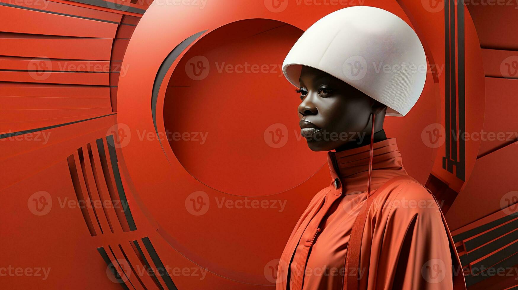 in mezzo il vivace arancia tonalità di un' vivace all'aperto arte giusto, un' donna nel un' Impressionante rosso cappotto e bianca cappello sta nel davanti di un' maestoso statua, sua vestito con il casco testa tenuto alto, ai generativo foto