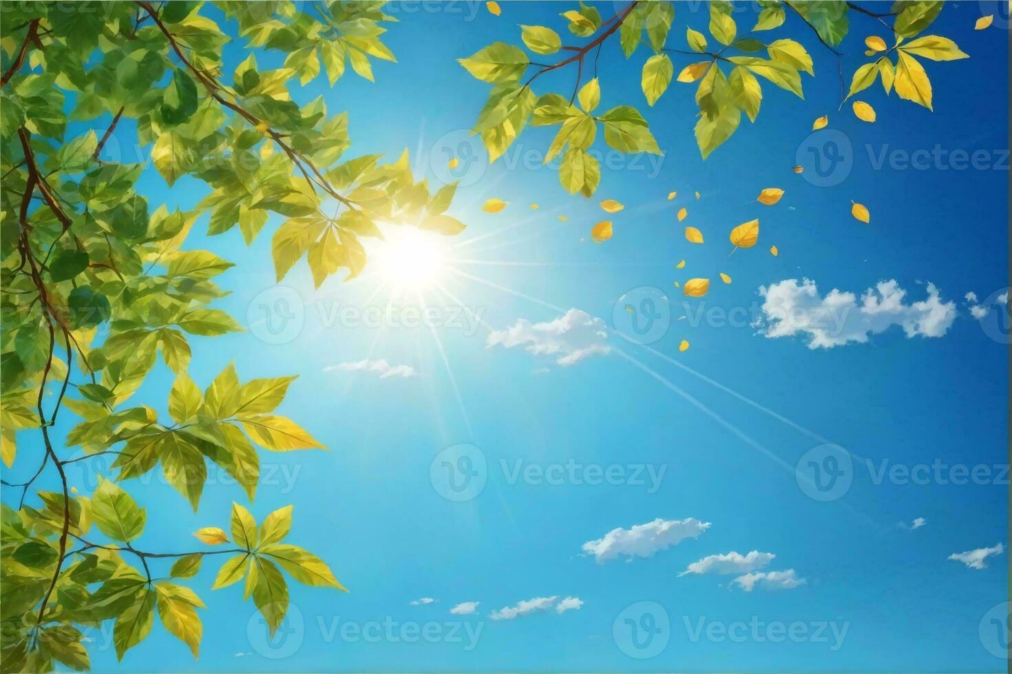 le foglie contro blu cielo con luminosa luce del sole, soleggiato cielo sfondo, sole e le foglie sfondo, naturale sfondo, ai generativo foto