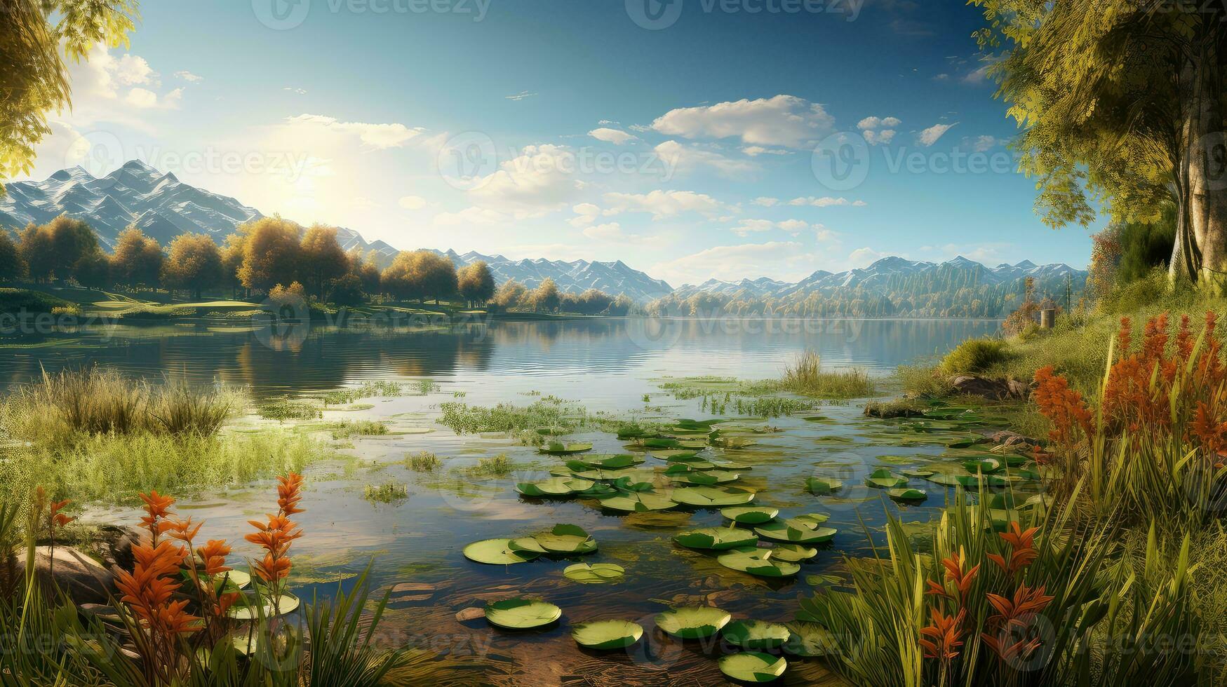 natura autunno lago verde paesaggio ai generato foto
