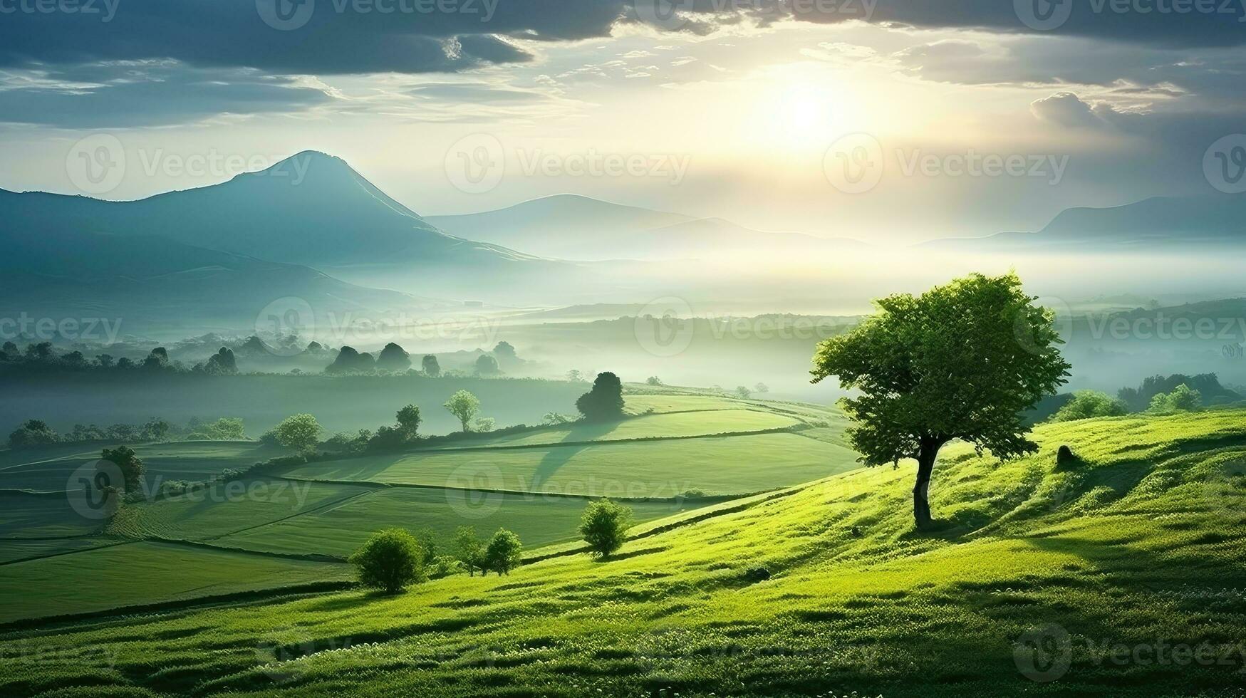 campo prato mattina verde paesaggio ai generato foto