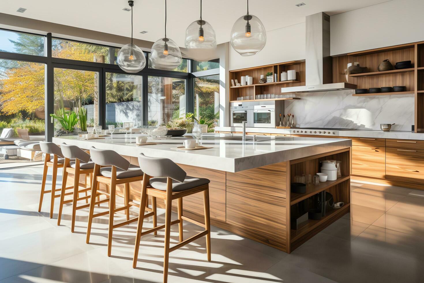 moderno lusso design cucina camera interno, cenare isola tavolo con sedie, ai generato foto