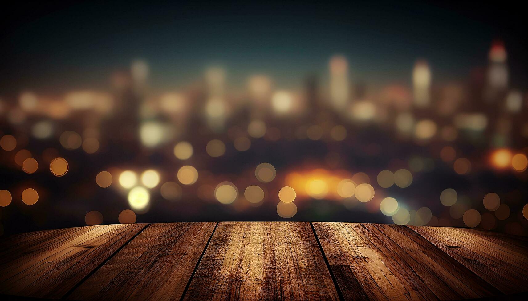 vuoto vuoto di legno tavolo al di sopra di sfocatura città notte Visualizza sfondo, finto su e montaggio per Prodotto, ai generato foto