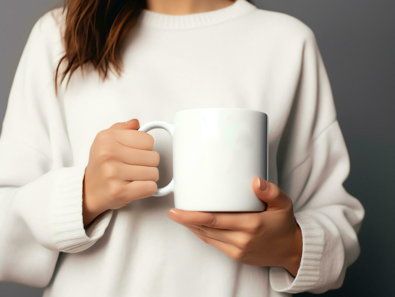 donna nel maglione Tenere vuoto vuoto bianca boccale modello per design modello, ai generato foto