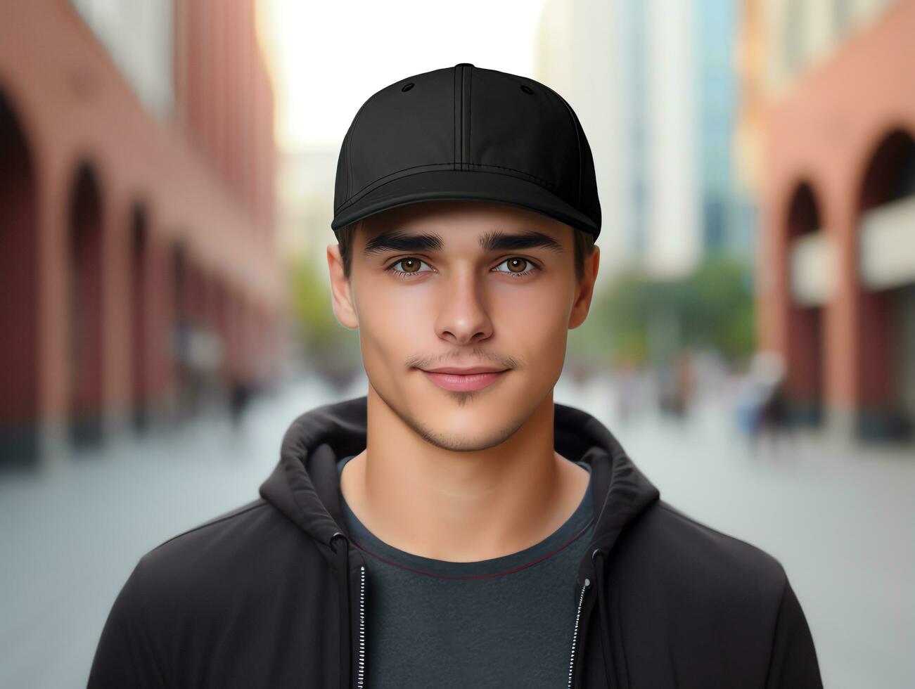 un' uomo indossare vuoto vuoto nero berretto modello per design modello foto