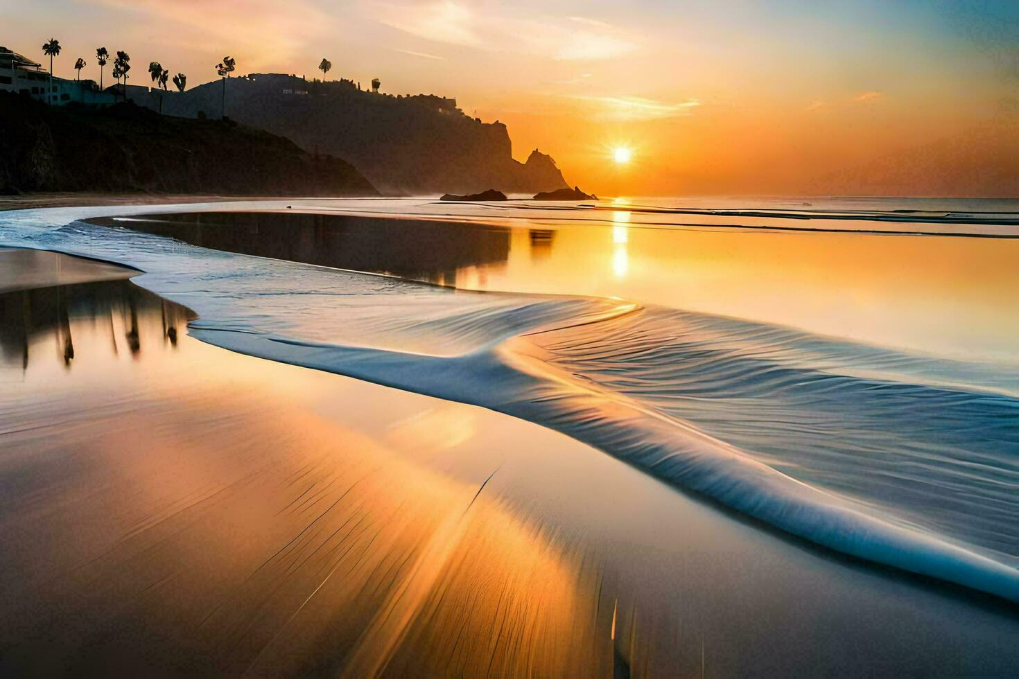 il sole imposta al di sopra di il oceano a il spiaggia. ai-generato foto