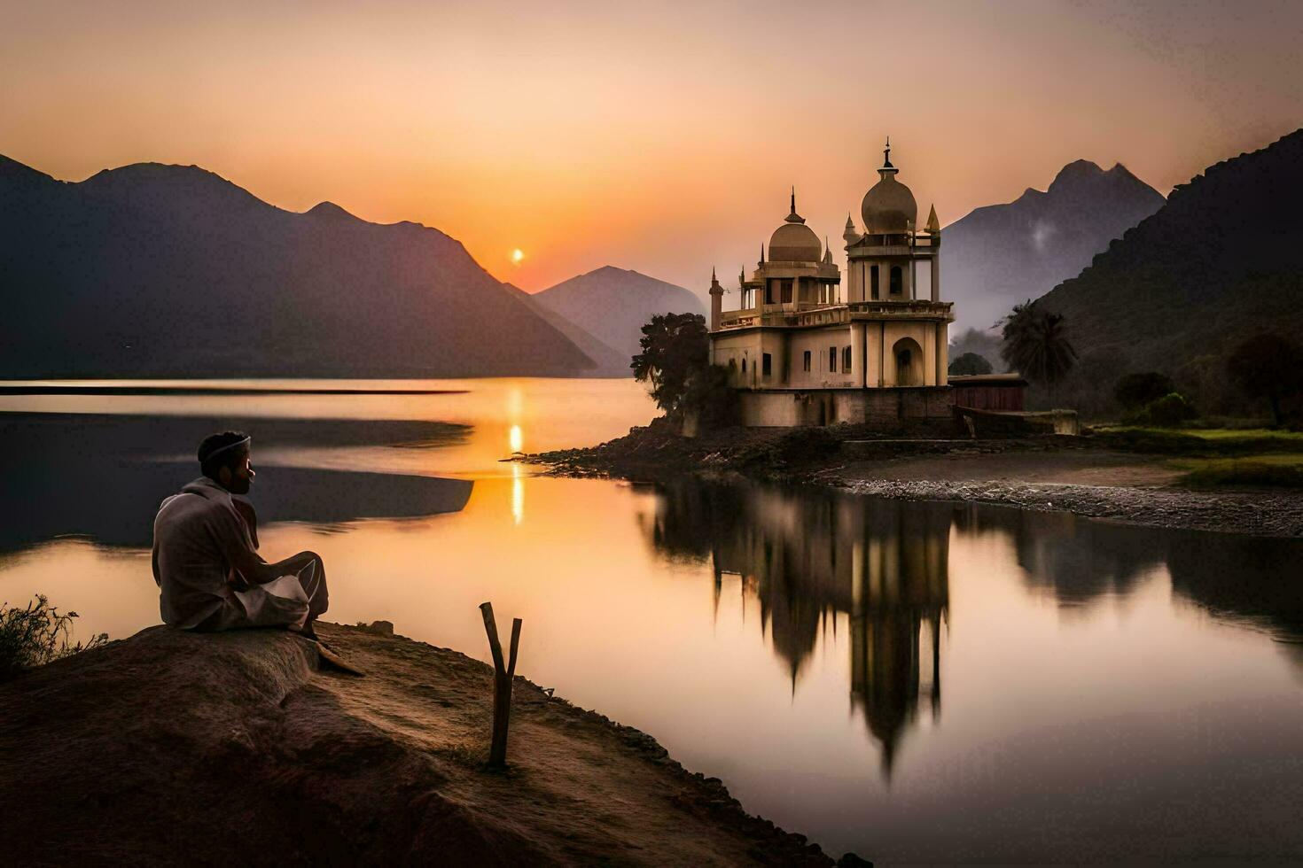 un' uomo seduta su il bordo di un' lago a tramonto. ai-generato foto