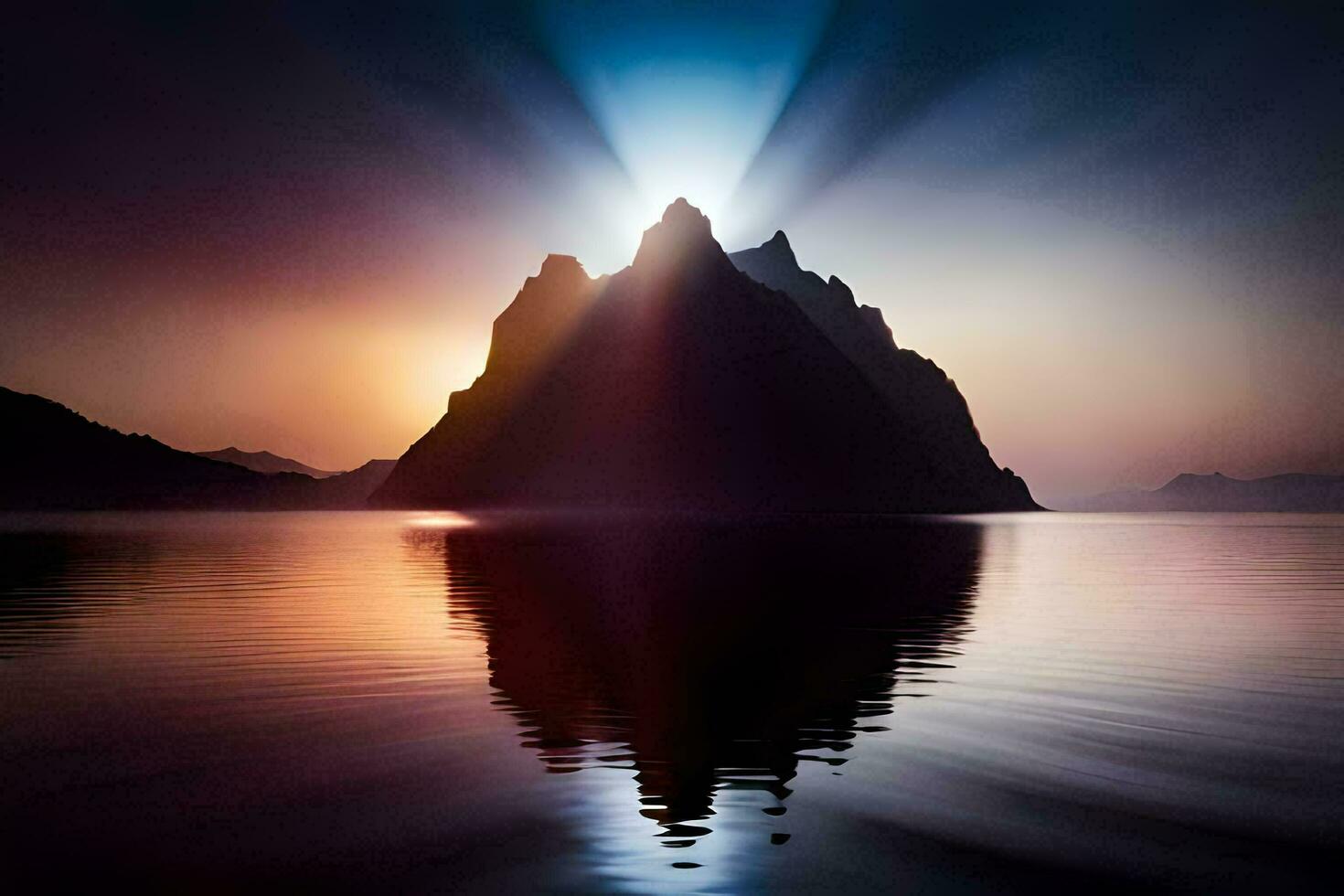 il sole brilla al di sopra di un' montagna nel il mezzo di un' lago. ai-generato foto