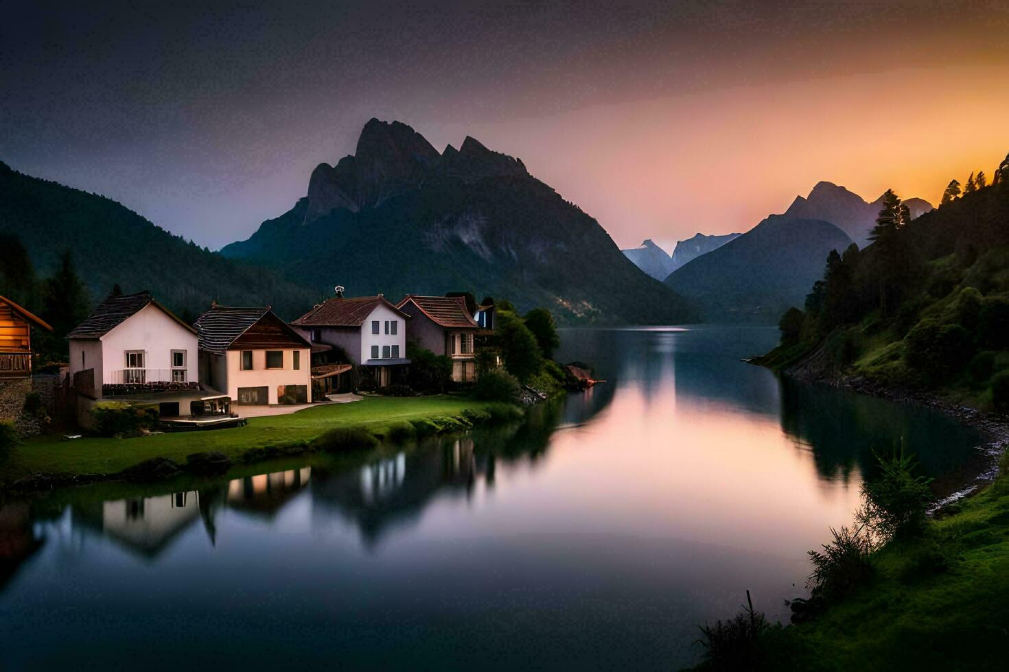 un' lago e case nel il montagne a tramonto. ai-generato foto