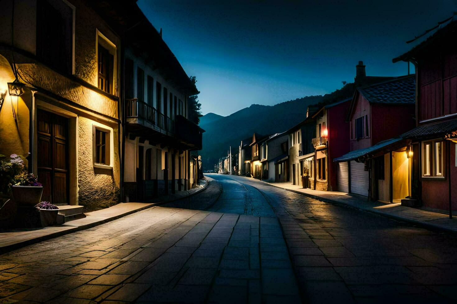 un' strada nel il montagne a notte. ai-generato foto