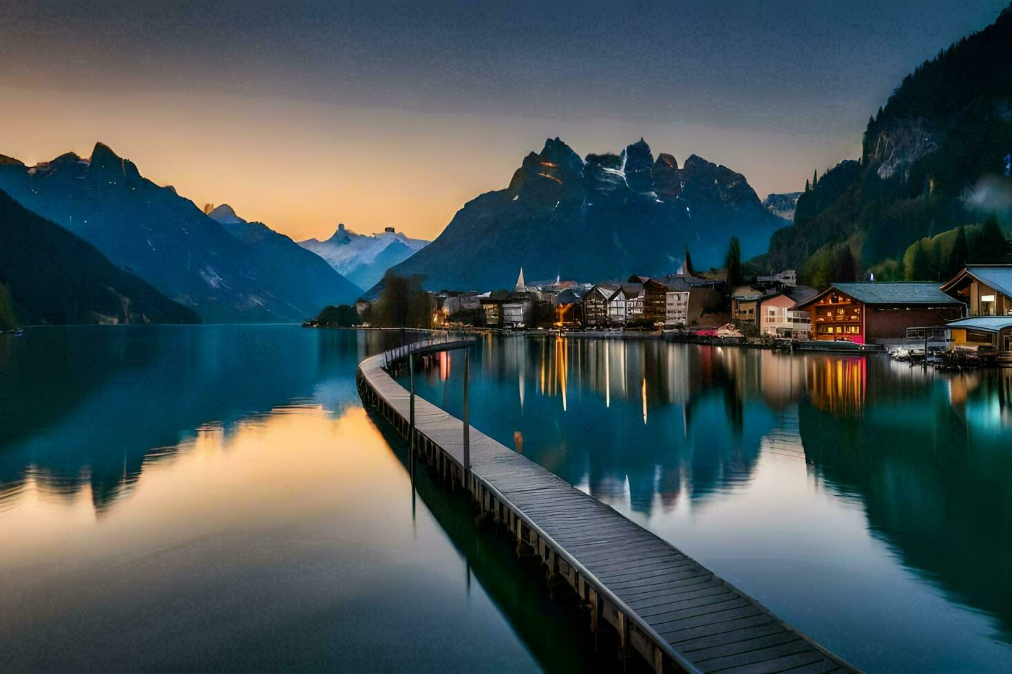 un' molo nel il mezzo di un' lago con montagne nel il sfondo. ai-generato foto