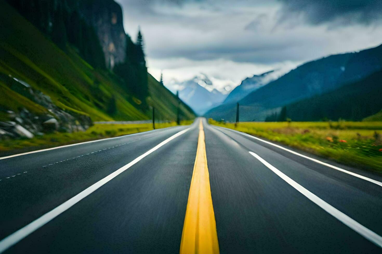 un' sfocato Immagine di un' strada con montagne nel il sfondo. ai-generato foto