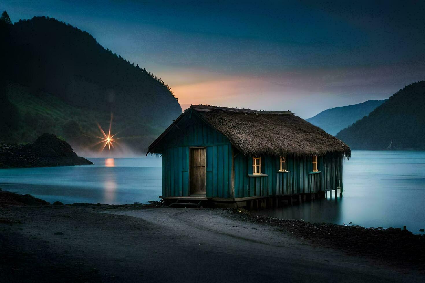 un' blu capanna si siede su il riva di un' lago a crepuscolo. ai-generato foto