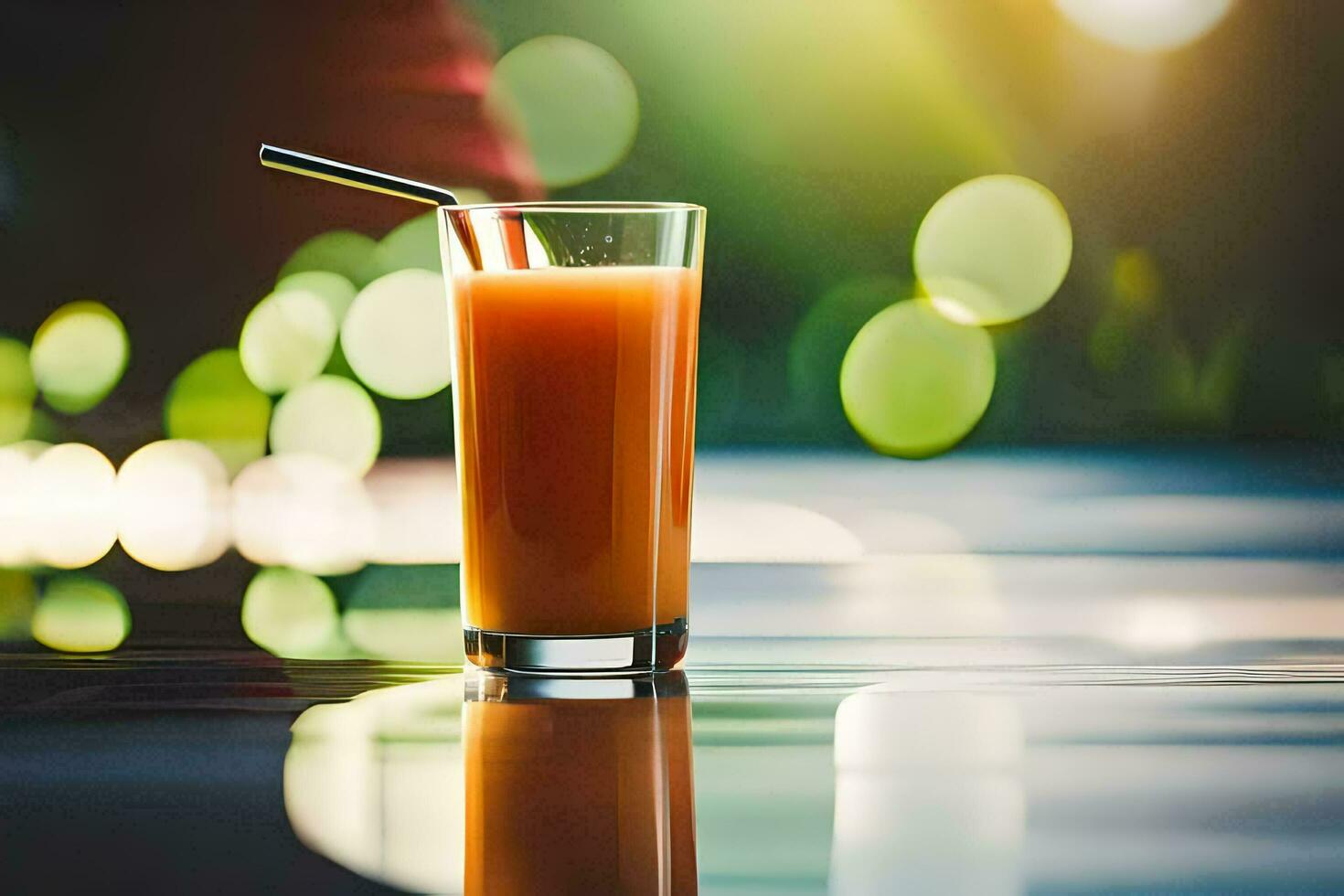 un' bicchiere di arancia succo seduta su un' tavolo. ai-generato foto