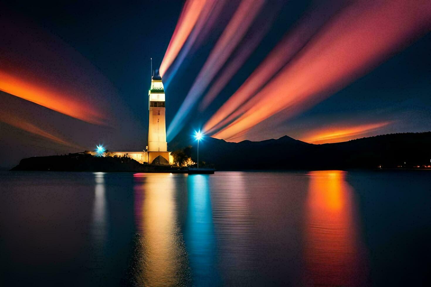 un' faro è illuminato su a notte con colorato luci. ai-generato foto