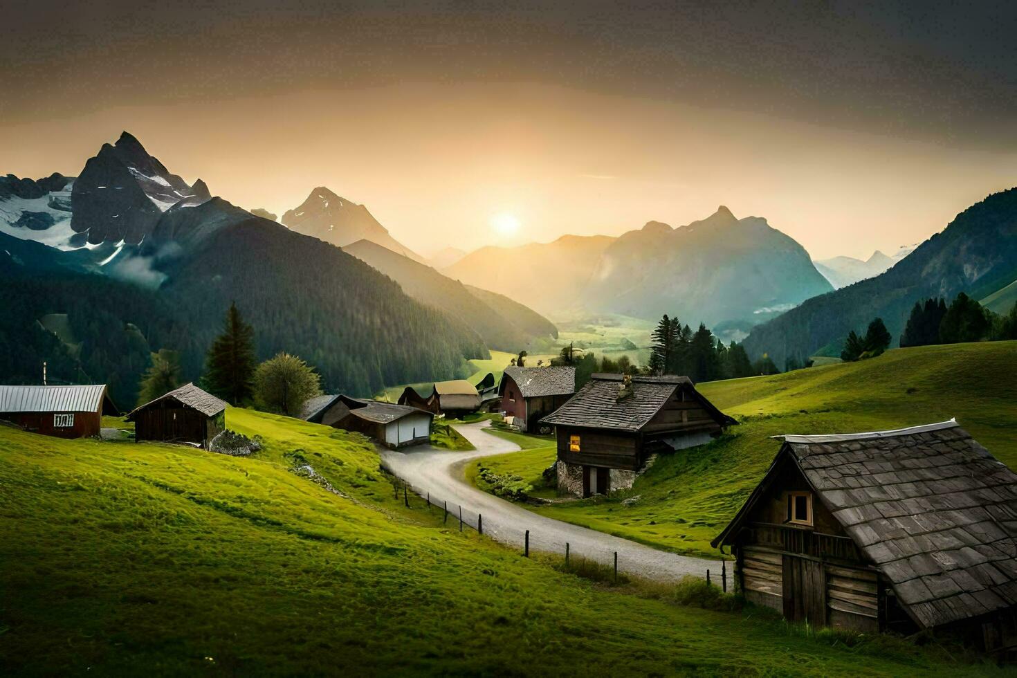 un' piccolo villaggio nel il montagne con un' strada principale per esso. ai-generato foto