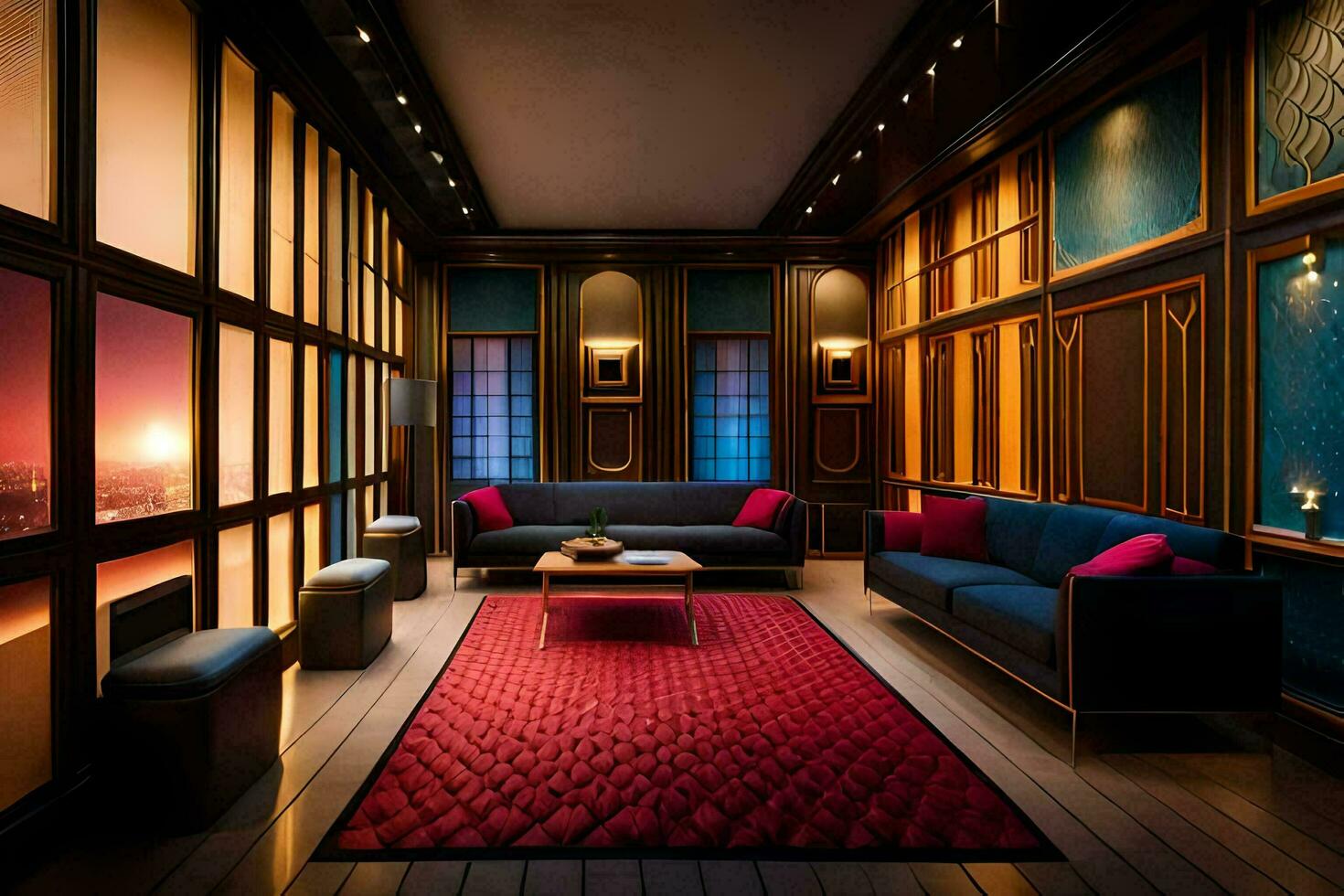 un' vivente camera con un' rosso tappeto e blu divani. ai-generato foto