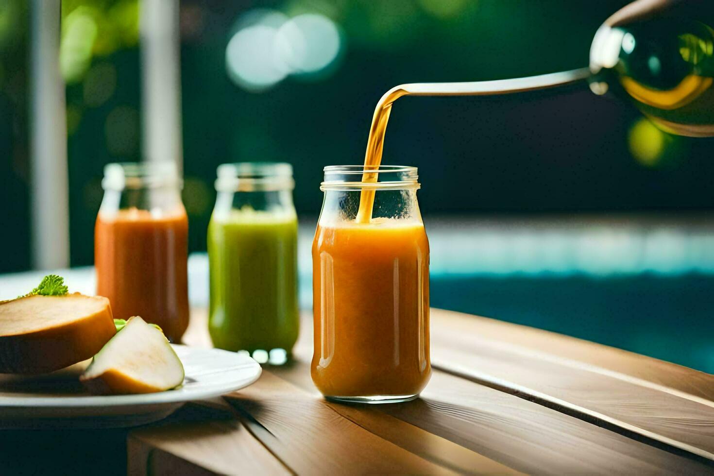 succo essere versato in un' bicchiere su un' tavolo. ai-generato foto