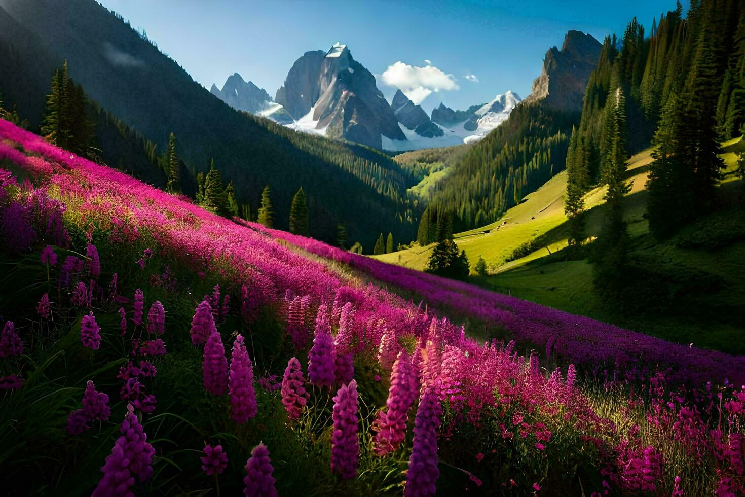 il fiori siamo fioritura nel il montagne e il sole brilla su loro. ai-generato foto