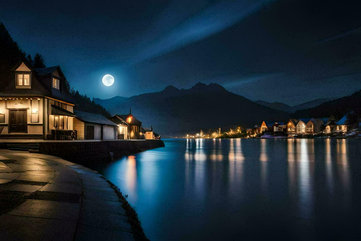 foto sfondo il Luna, notte, lago, case, montagne, il Luna, notte cielo,. ai-generato