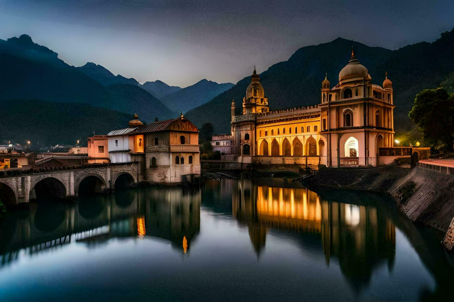 un' Chiesa e un' ponte al di sopra di un' fiume a notte. ai-generato foto