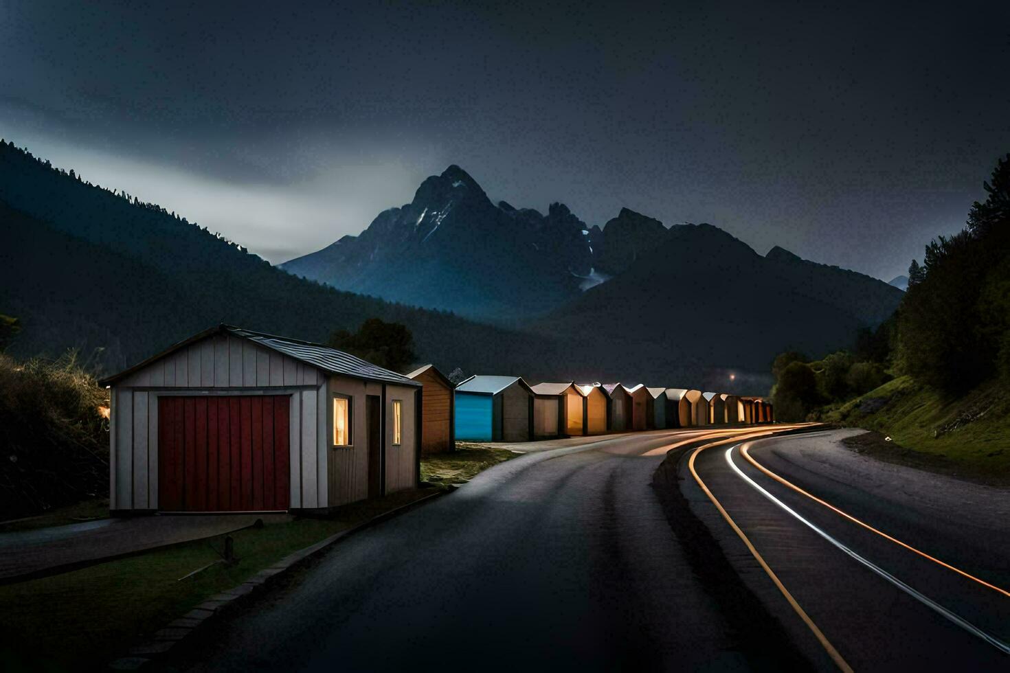 un' lungo esposizione foto di un' strada con case e montagne nel il sfondo. ai-generato