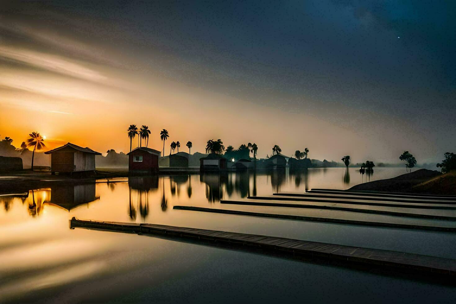 il sole sorge al di sopra di un' lago con di legno banchine. ai-generato foto