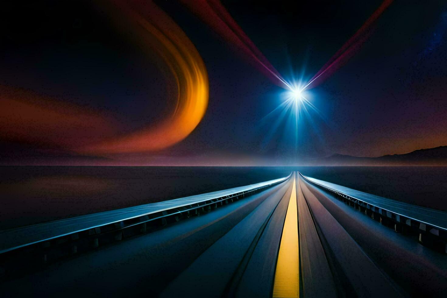 un' lungo strada con un' luminosa leggero splendente nel il cielo. ai-generato foto