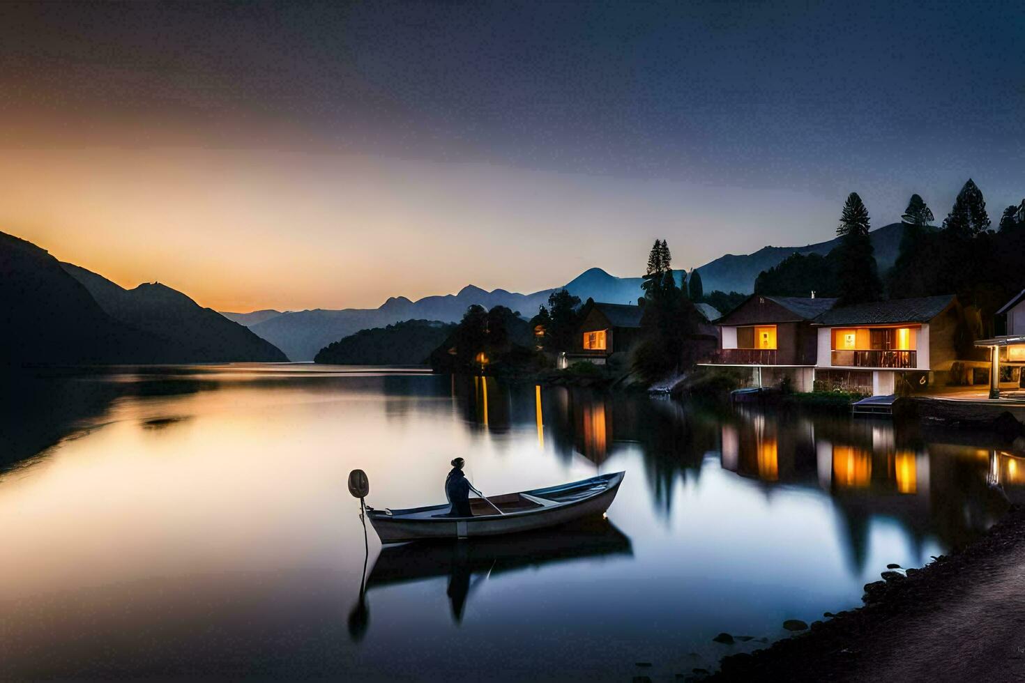 un' barca si siede su il riva di un' lago a tramonto. ai-generato foto