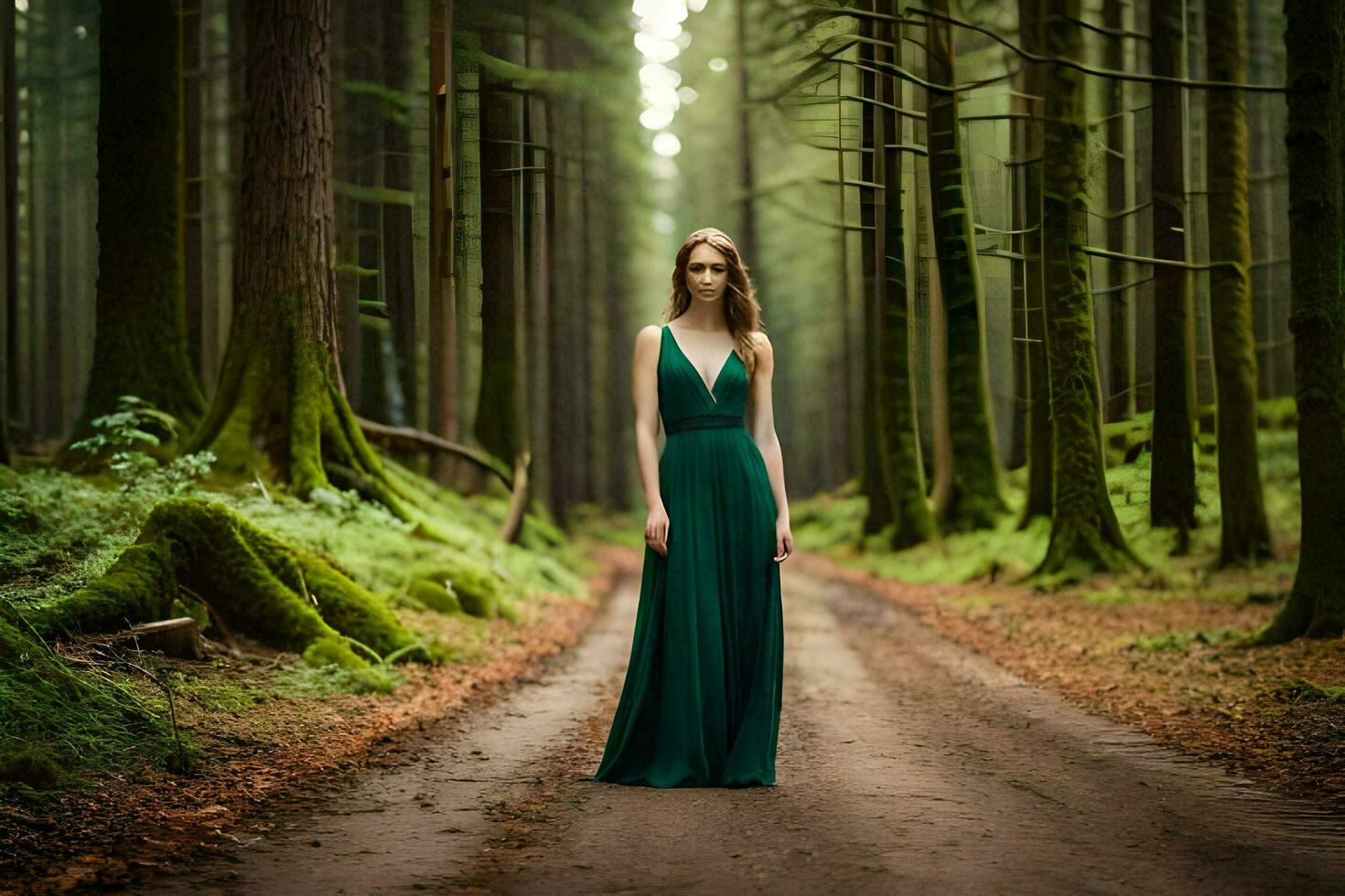 un' donna nel un' verde vestito in piedi su un' strada nel il foresta. ai-generato foto