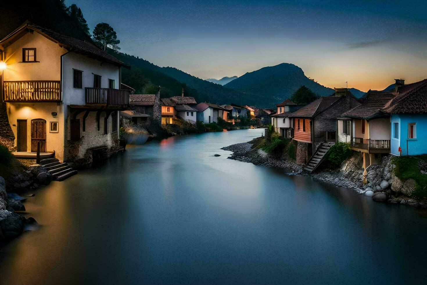 un' fiume corre attraverso un' cittadina a crepuscolo. ai-generato foto