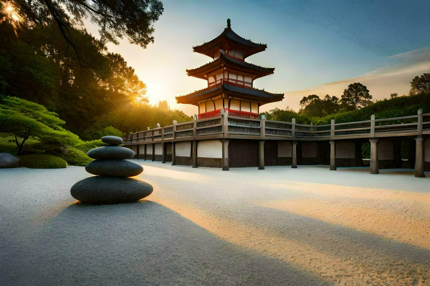 un' pagoda e rocce nel un' giapponese giardino. ai-generato foto