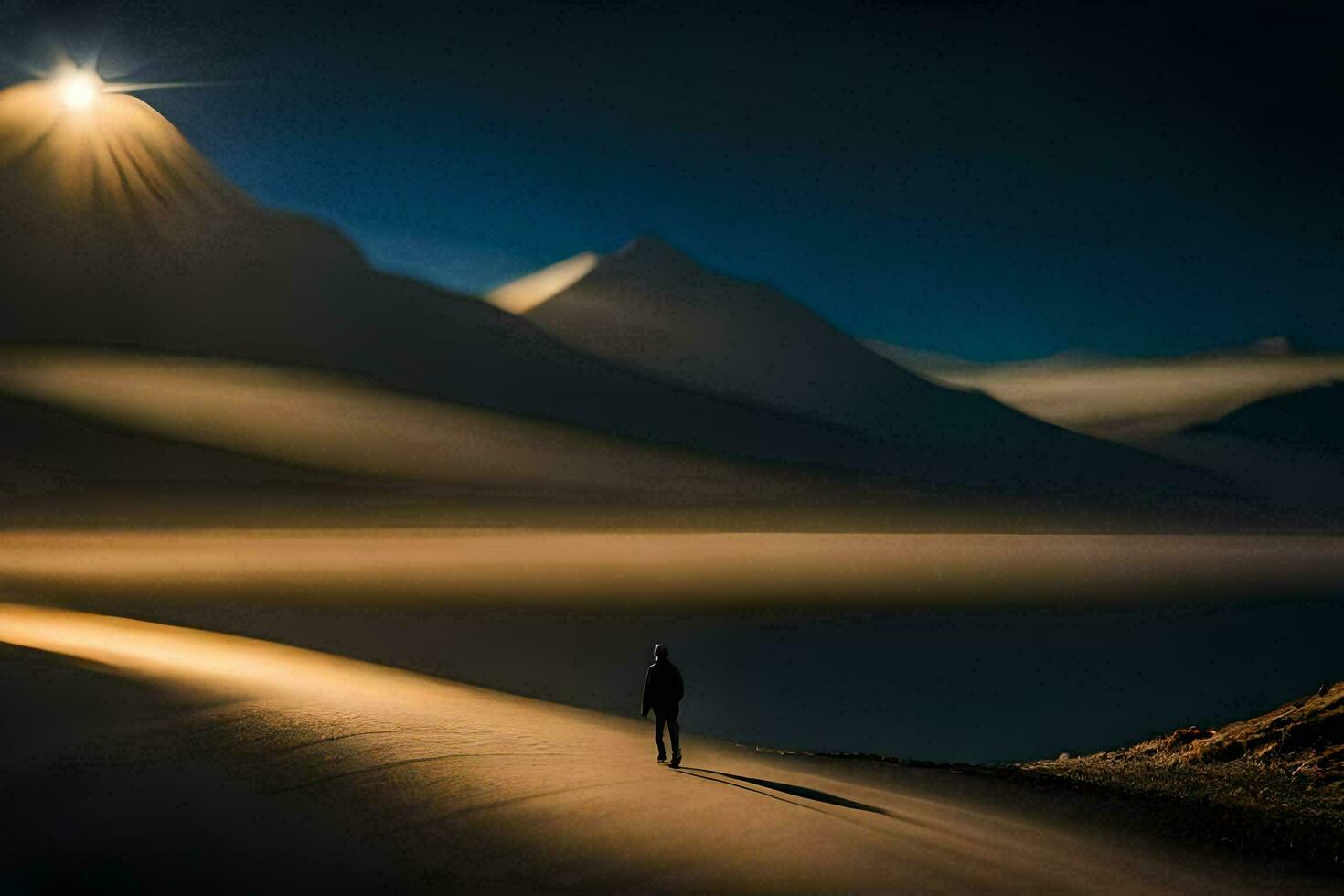 un' uomo passeggiate solo nel il deserto a notte. ai-generato foto