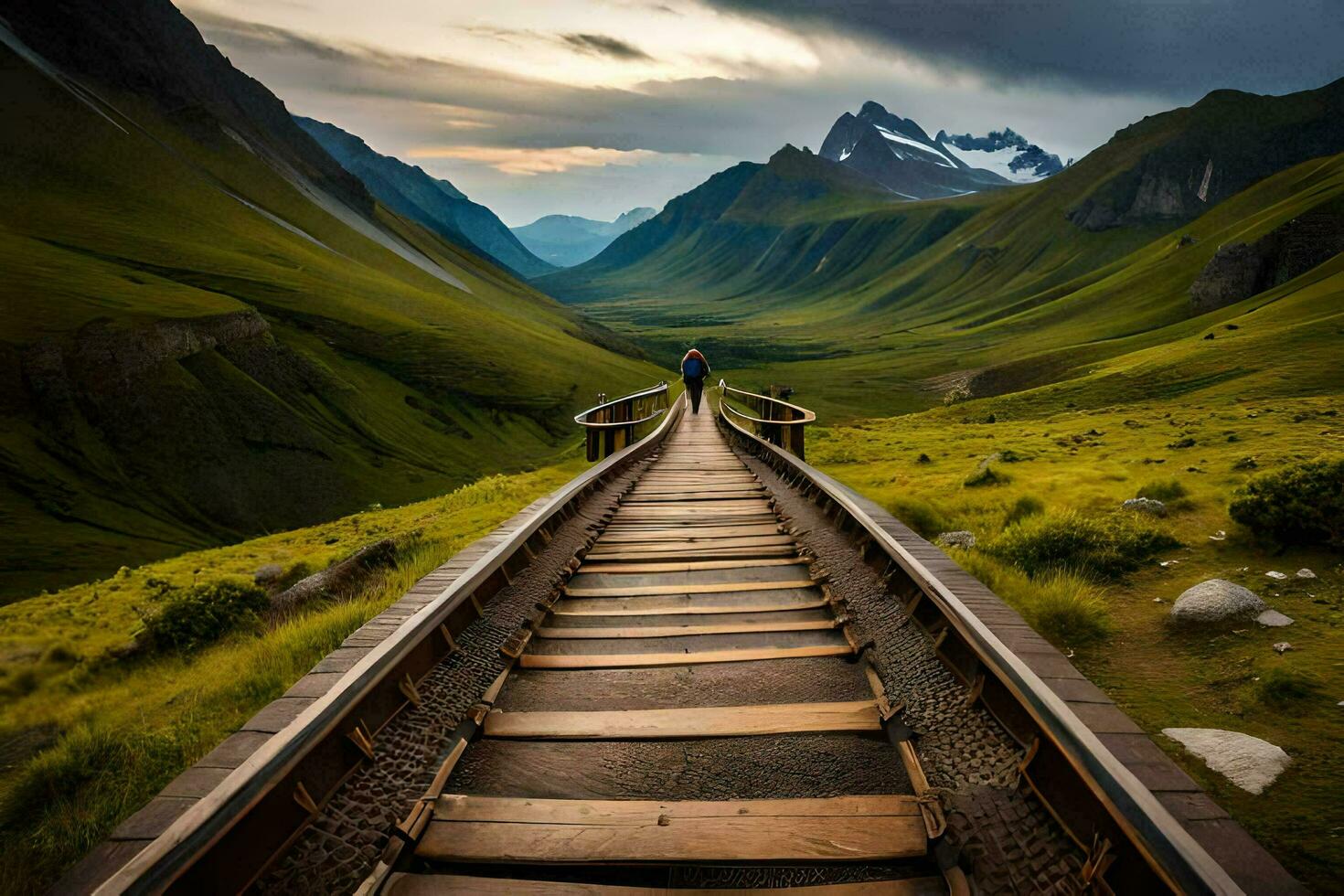 un' uomo passeggiate lungo un' di legno ponte al di sopra di un' valle. ai-generato foto