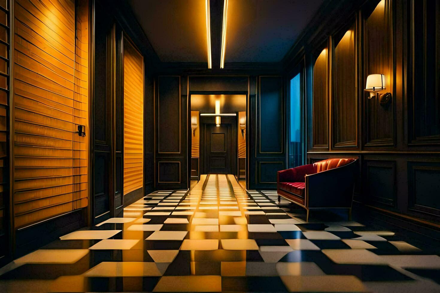 un' corridoio con nero e bianca scacchi pavimentazione. ai-generato foto