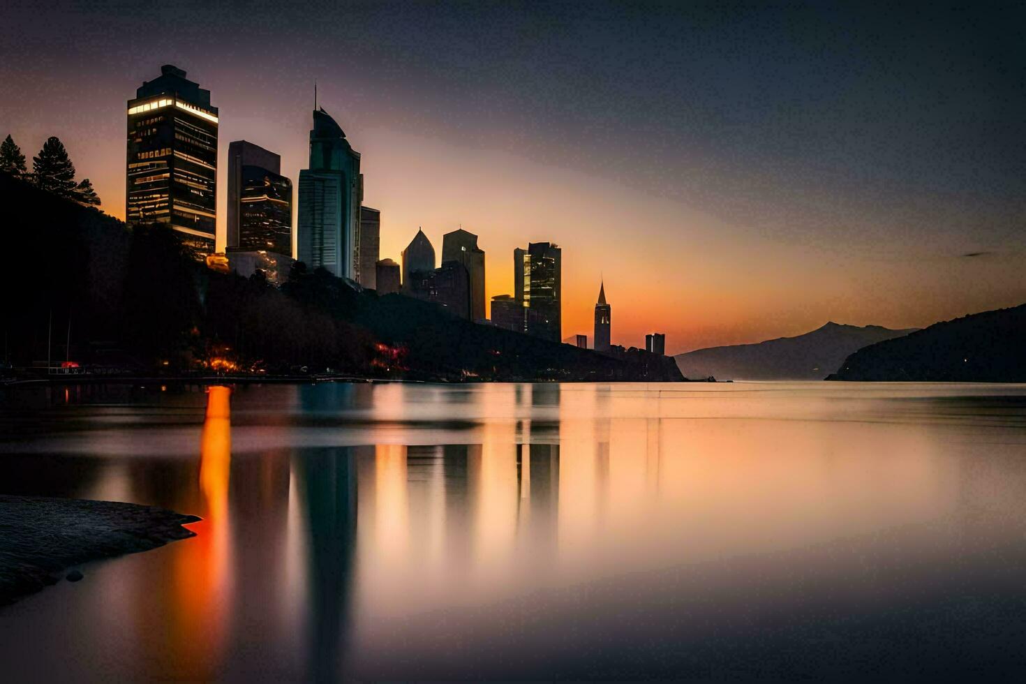 un' città orizzonte a tramonto con acqua e montagne. ai-generato foto