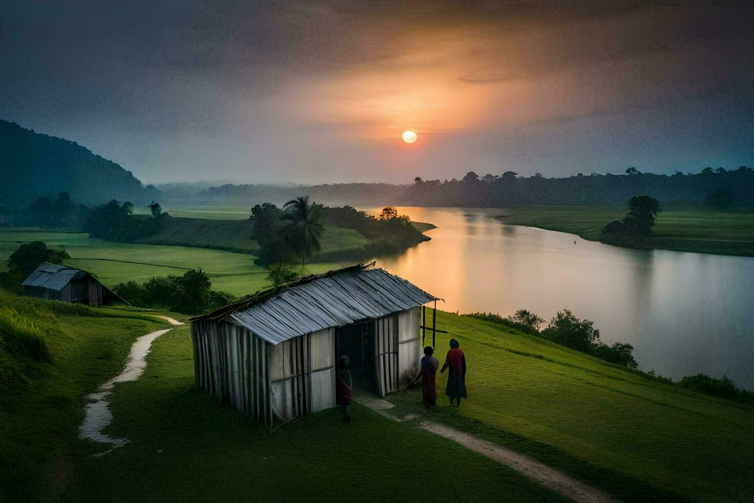 il sole imposta al di sopra di il fiume e il villaggio. ai-generato foto