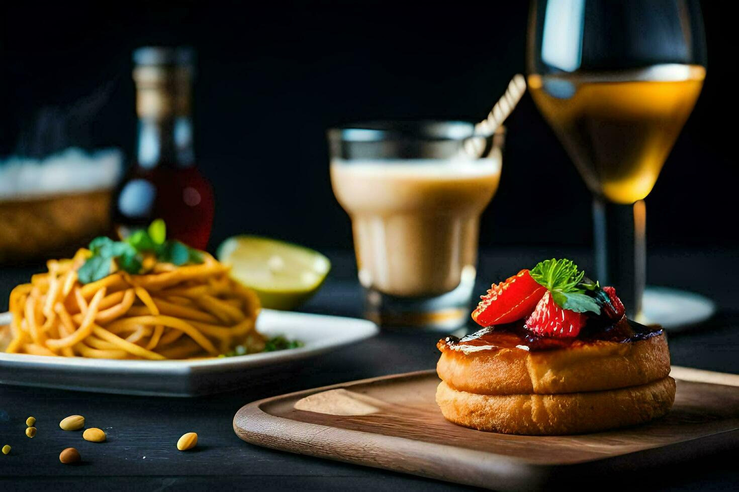 un' piatto con un' Pasticcino e un' bicchiere di vino. ai-generato foto