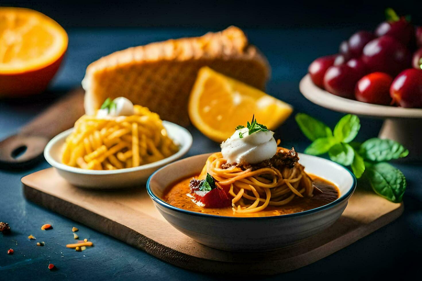 spaghetti con carne salsa e formaggio nel un' ciotola. ai-generato foto