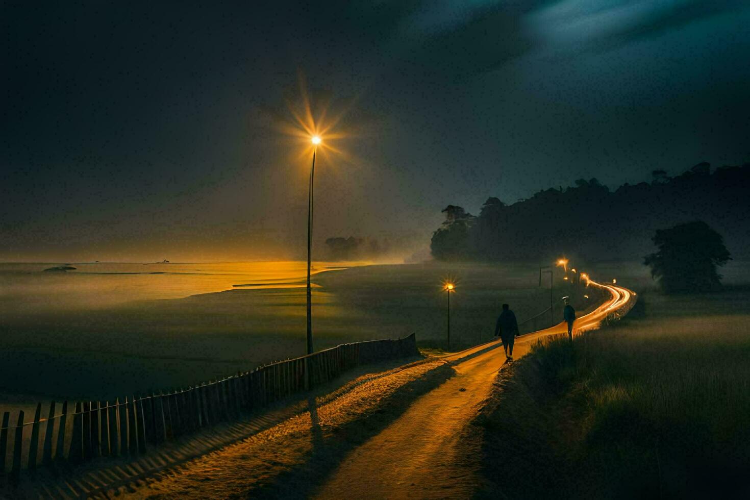 un' uomo passeggiate giù un' sentiero a notte con un' strada luce. ai-generato foto