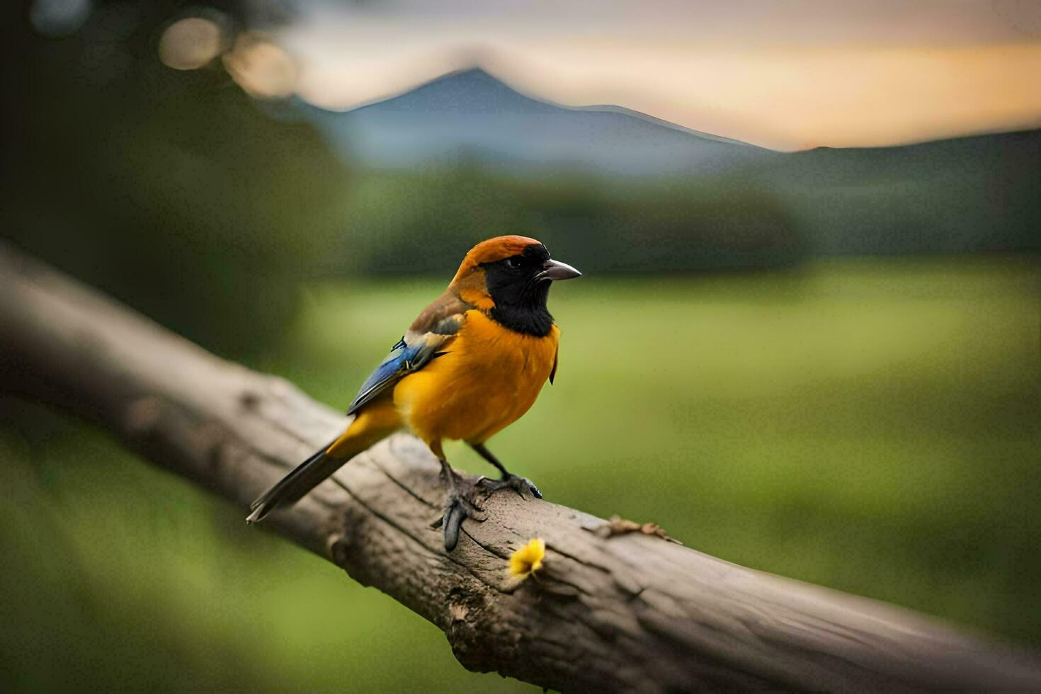 un' uccello seduta su un' ramo nel davanti di un' campo. ai-generato foto