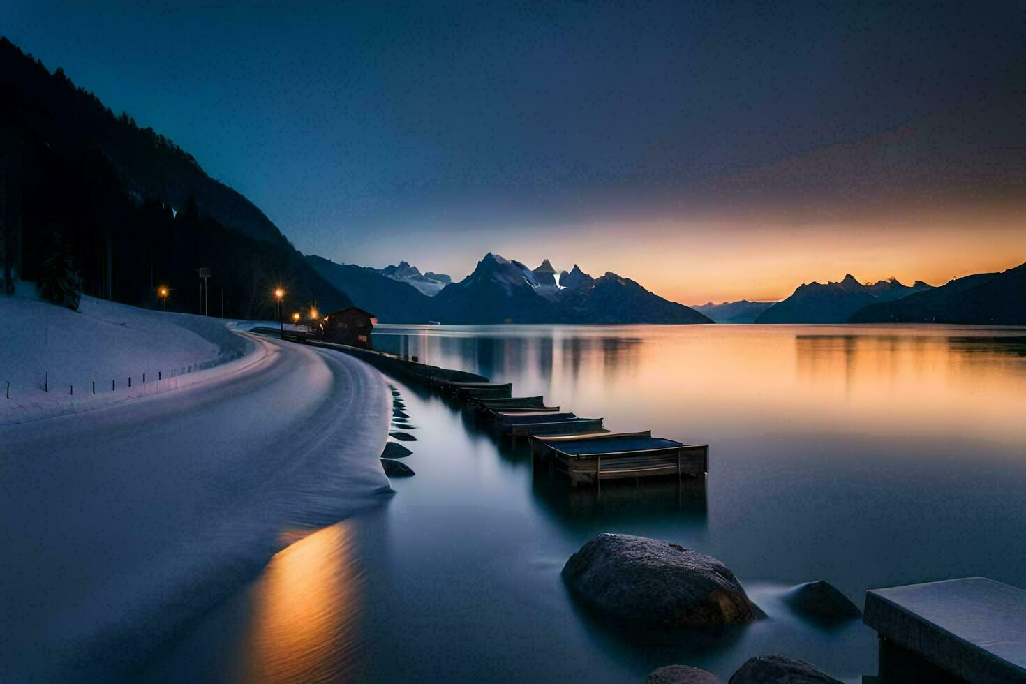 un' lago con un' bacino e montagne nel il sfondo. ai-generato foto